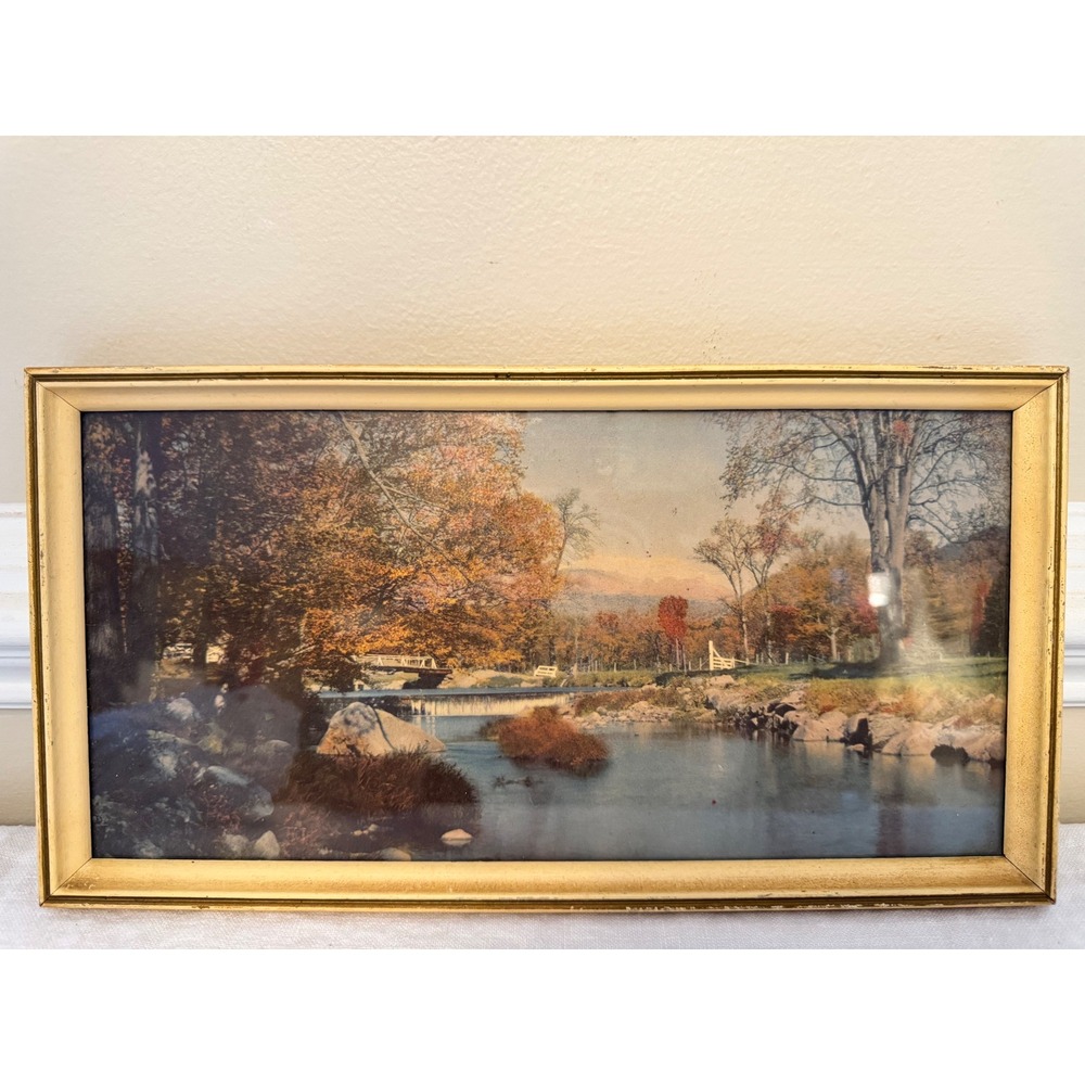 Vintage Autumn River Landscape Lithograph Gold Wood Frame Panoramic Wall Art